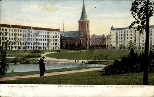 Ak Hamburg Barmbek, katholische Kirche, neue Parkanlagen