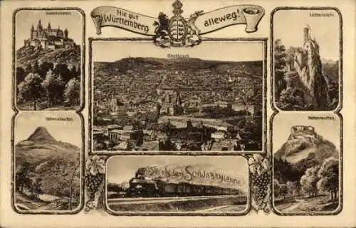 Ak Stuttgart in Württemberg, Panorama, Hohenzollern, Lichtenstein, Hohenstaufen, Eisenbahn, Wappen