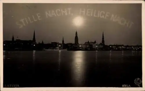 Ak Riga Lettland, Stadtansicht bei Nacht, Stille Nacht, Heilige Nacht