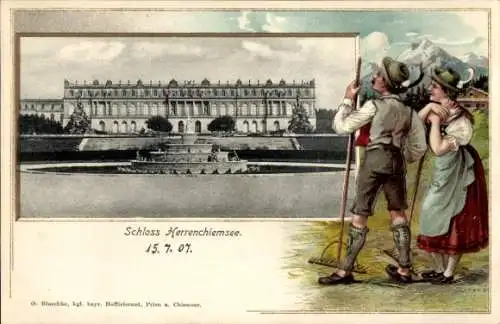 Präge Passepartout Litho Herrenchiemsee Chiemsee Oberbayern, Schloss, Frau, Mann, Dirndl, Lederhose