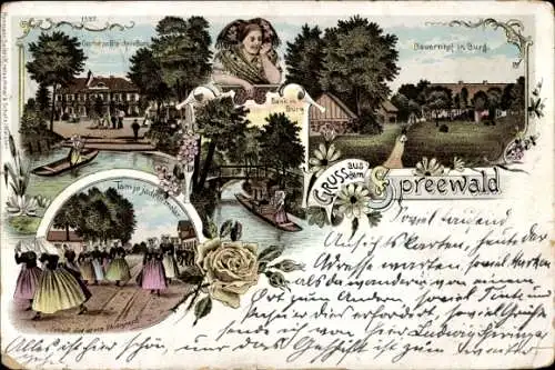 Litho Burg im Spreewald, Gasthof zur Bleiche, Frauen in Volkstrachten, Bauernhof