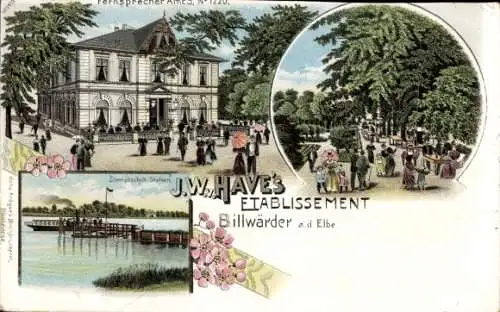 Litho Hamburg Bergedorf Billwärder, Etablissement von J. W. Have, Park, Dampfschiff Station