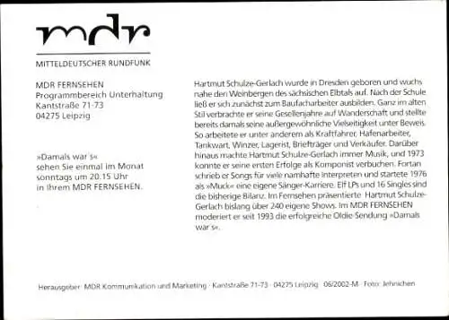Ak Moderator Hartmut Schulze-Gerlach, Portrait, Sendung Damals war's, Autogramm