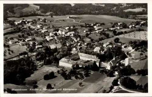 Ak Wessobrunn in Oberbayern, Kloster und Pfarrkirche mit Römerturm, Fliegeraufnahme