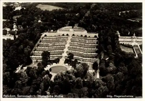 Ak Potsdam, Schloss Sanssouci, Historische Mühle, Fliegeraufnahme