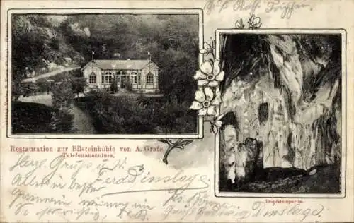 Ak Warstein im Sauerland, Restaurant an der Bilsteinhöhle, Gesamtansicht, Tropfsteine