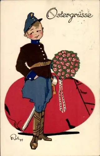 Künstler Ak Glückwunsch Ostern, Soldat in Uniform, Blumenstrauß, Osterei