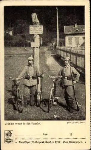 Ak Vosges, Deutsche Wacht, Soldaten in Uniform, Fahrräder, Deutscher Mädchenkalender 1917