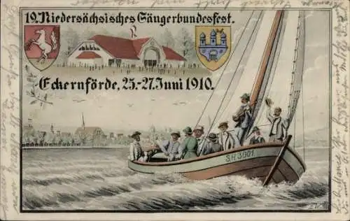 Ak Ostseebad Eckernförde, 19. Niedersächsisches Sängerbundesfest 1910, Festhalle, Sänger im Boot