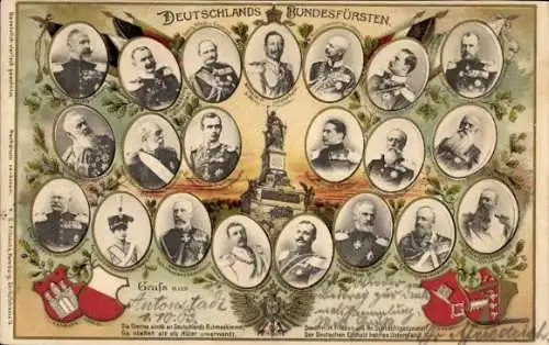 Ak Deutschlands Bundesfürsten, Portraits, Kaiser Wilhelm II., Niederwald-Denkmal, Wappen, Fahnen