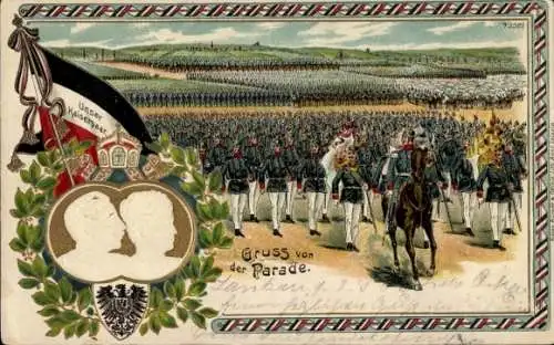 Präge Wappen Litho Kaiserparade, Kaiser Wilhelm II, Auguste, Parade, Marschierende Soldaten