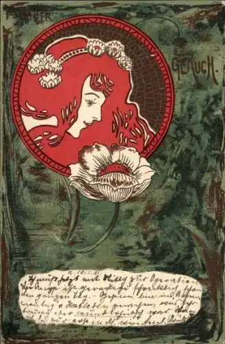 Jugendstil Künstler Litho Frauenbildnis, Blüte, Allegorie Geruch