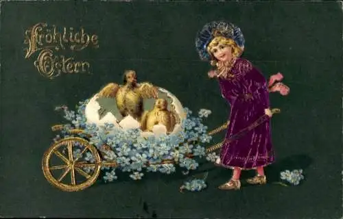 Präge Ak Glückwunsch Ostern, Osterei mit Küken, Mädchen