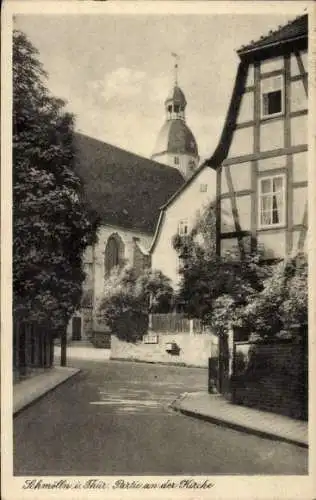 Ak Schmölln in Thüringen, an der Kirche, Fachwerkhaus