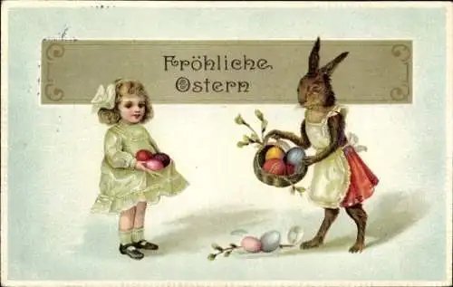 Ak Glückwunsch Ostern, Häsin und Mädchen mit Ostereiern