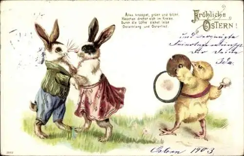 Litho Glückwunsch Ostern, Tanzende Hasen, musizierendes Küken