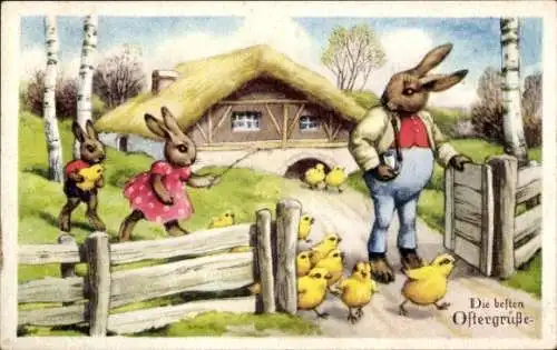 Ak Glückwunsch Ostern, Vermenschlichte Hasen, Küken, Bauernhaus