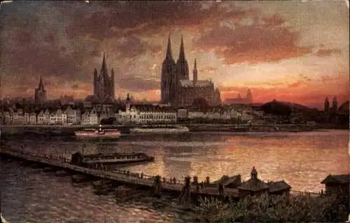 Künstler Ak Astudin, Köln am Rhein, Abendrot, Brücke, Dom, Dampfer