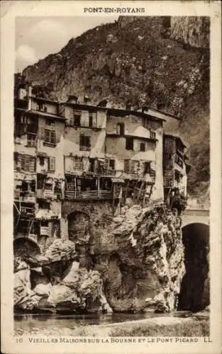 Ak Pont-en-Royans Isère, Alte Häuser an der Bourne, Pont Picard