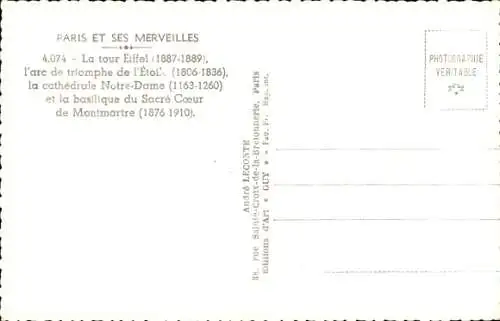 Ak Paris und seine Wunder, Eiffelturm, Arc de Triomphe, Montmartre