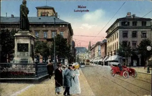 Ak Mainz am Rhein, Ludwigstraße, Statue, Auto, Straßenbahn