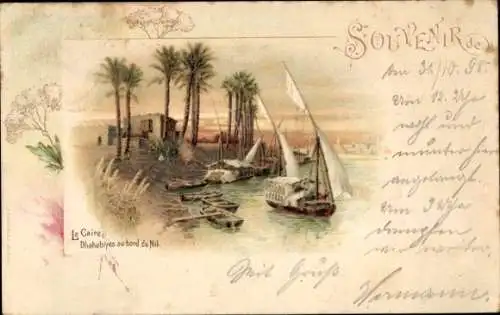 Litho Cairo Kairo Ägypten, Dhahabiyes au bord du Nil, Fischerboote im Hafen