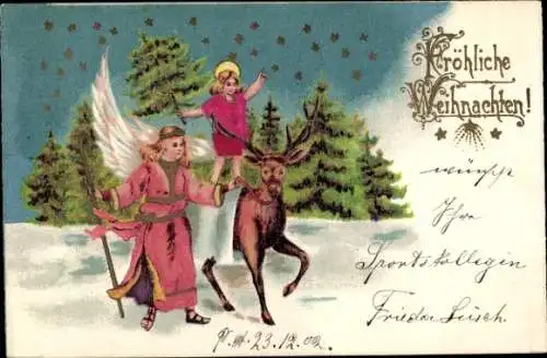 Präge Litho Glückwunsch Weihnachten, Engel, Hirsch, Tannenbäume