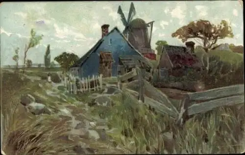 Litho Windmühle, Wohnhaus, Zaun, Garten