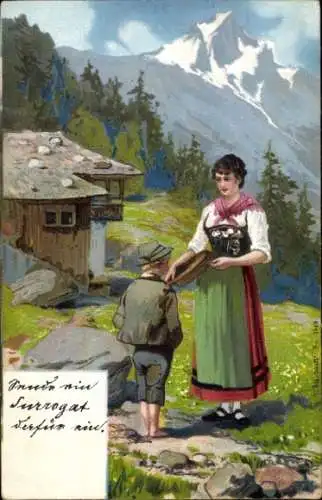 Litho Frau in Tracht in den Alpen, Junge, Berghütte