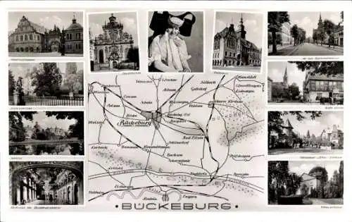 Ak Bückeburg im Kreis Schaumburg, Karte, Tracht, Rathaus, Kirche, Festsaal, Schloss