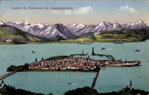 Ak Lindau am Bodensee Schwaben, Alpenpanorama, Dampfer, Hafeneinfahrt