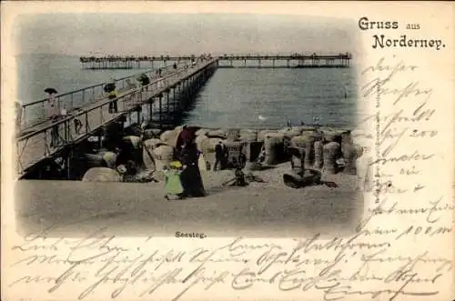 Ak Nordseebad Norderney Ostfriesland, Seesteg, Strandkörbe, Spaziergänger