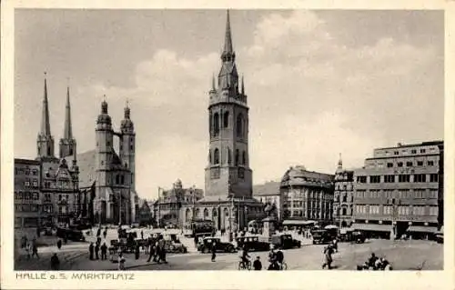 Ak Halle an der Saale, Blick auf den Marktplatz, Straßenbahn, Denkmal, Turm