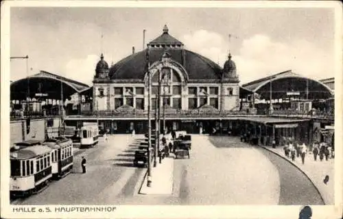 Ak Halle Saale, Straßenbahnhaltestelle am Hauptbahnhof, Straßenseite