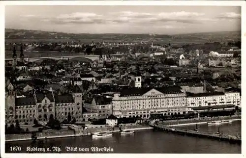 Ak Koblenz am Rhein, Blick vom Asterstein, Panorama, Brücke, Bootsanleger, Boote