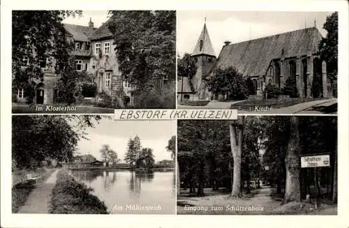 Ak Ebstorf in der Lüneburger Heide, Klosterhof, Kirche, Eingang zum Schützenholz, Mühlenteich