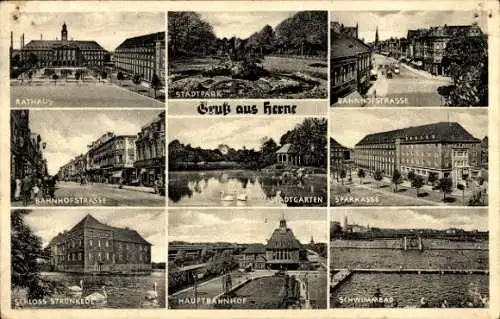 Ak Herne Ruhrgebiet, Rathaus, Bahnhofstraße, Hauptbahnhof, Sparkasse, Stadtgarten, Schloss Strünkede