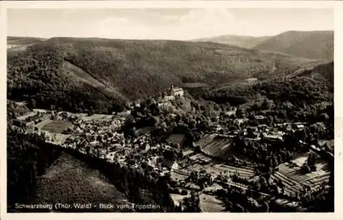 Ak Schwarzburg in Thüringen, Panorama, Blick vom Trippstein, Gedicht Öffnet sich die Borkenpforte