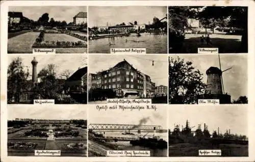 Ak Rheinhausen im Breisgau, Windmühle, Schwimmbad, Wasserturm, Brücke