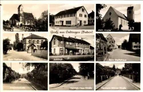 Ak Haltingen Weil am Rhein, Bahnhof, Post, ev. und kath. Kirche, Staffelhaus, Friedensstr., Rathaus