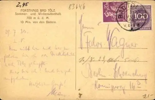 Ak Bad Tölz im Isartal Oberbayern, Forsthaus, Blick gegen Isartal