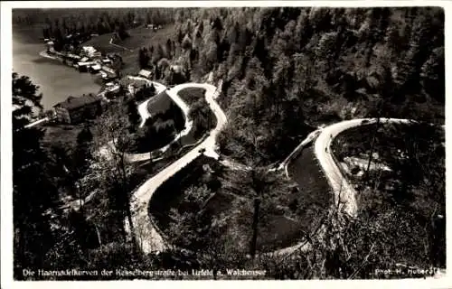 Ak Walchensee Kochel am See in Oberbayern, Die Haarnadelkurven der Kesselbergstraße