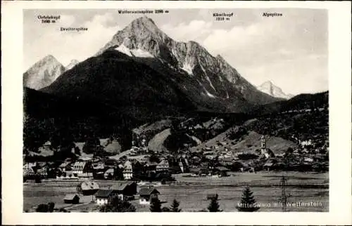 Ak Mittenwald in Oberbayern, Gesamtansicht, Wetterstein, Alpspitze, Dreitorspitze