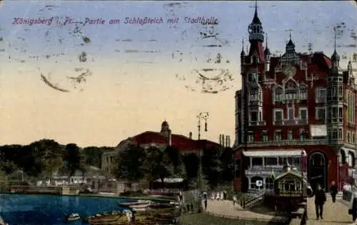 Ak Kaliningrad Königsberg Ostpreußen, Partie am Schlossteich mit Stadthalle