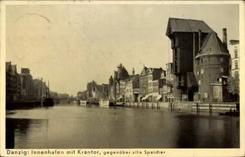 Ak Gdańsk Danzig, Innenhafen mit Krantor, alte Speicher