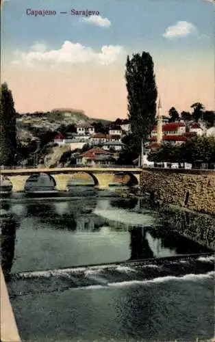 Ak Sarajevo Bosnien Herzegowina, Flusspartie, Brücke