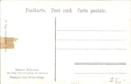 Ak Deutsch-Südwest-Afrika, Samuel Maharero des feige Oberhäuptling der Hereros