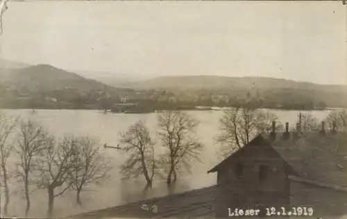 Foto Ak Lieser an der Mosel, Überschwemmung, 12. Januar 1919