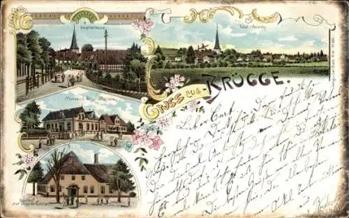 Litho Brügge in Schleswig Holstein, Hauptstraße, Marxens Geschäftshaus, Gasthof zur Doppeleiche