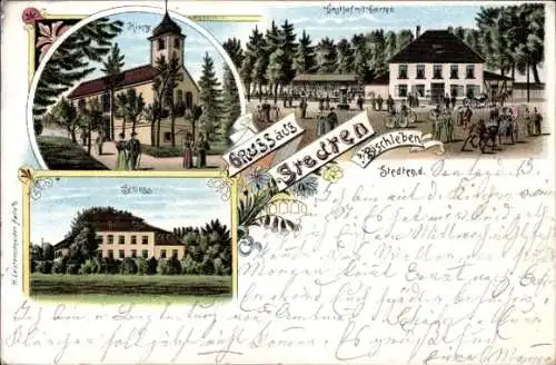 Litho Bischleben Stedten Erfurt in Thüringen, Schloss, Kirche, Gasthof mit Garten